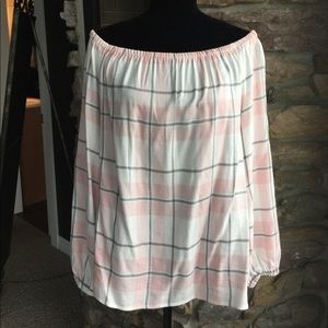 pink plaid off-the-shoulder top